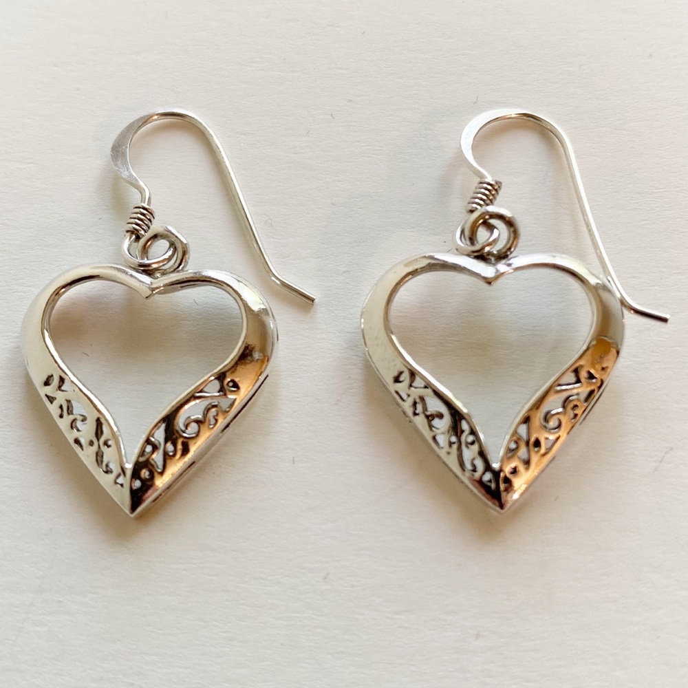 Silver Heart Filigree Drop Earrings - Women Jewelry Earrings